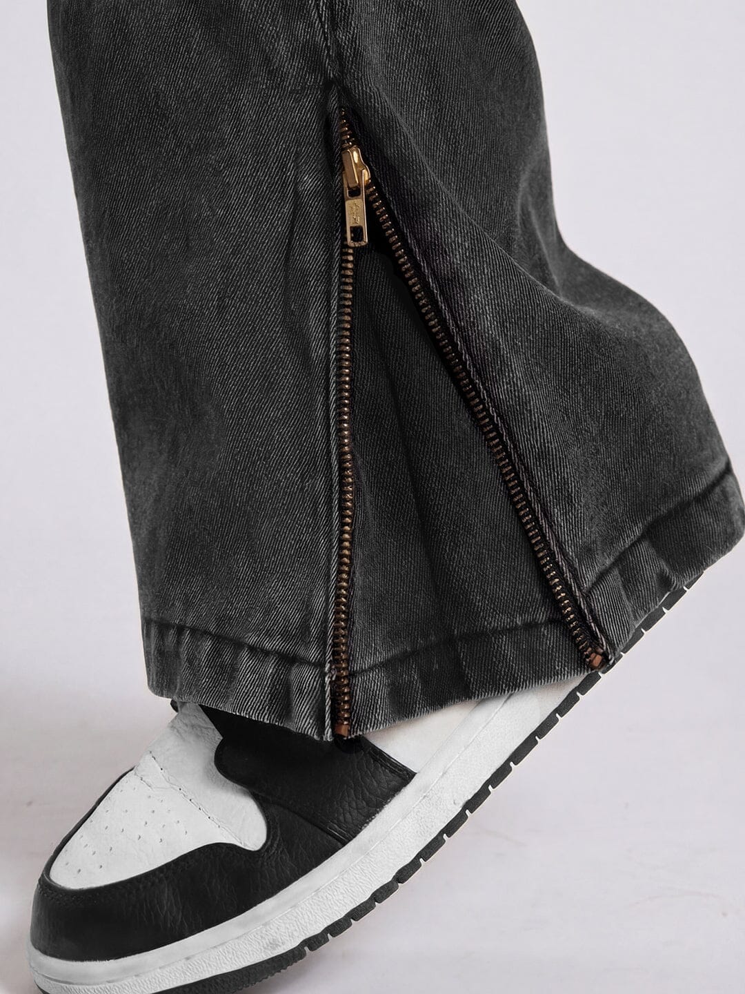 Grey Leather Patched Flared Zipped Denim - Image 3