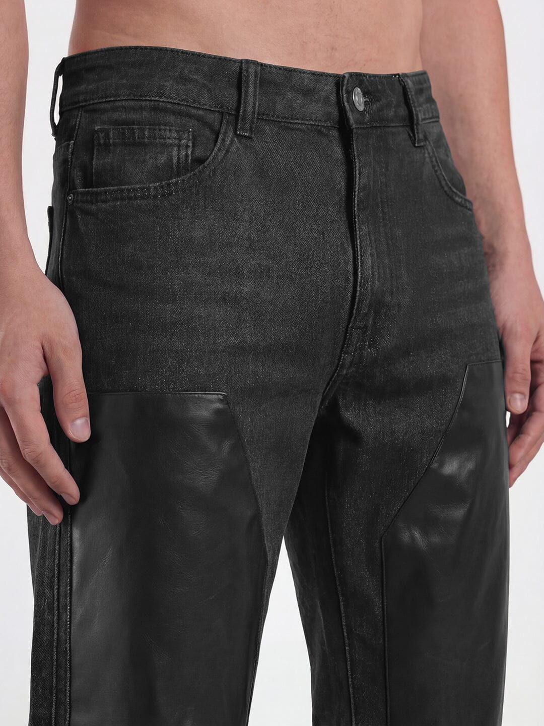 Grey Leather Patched Flared Zipped Denim - Image 5