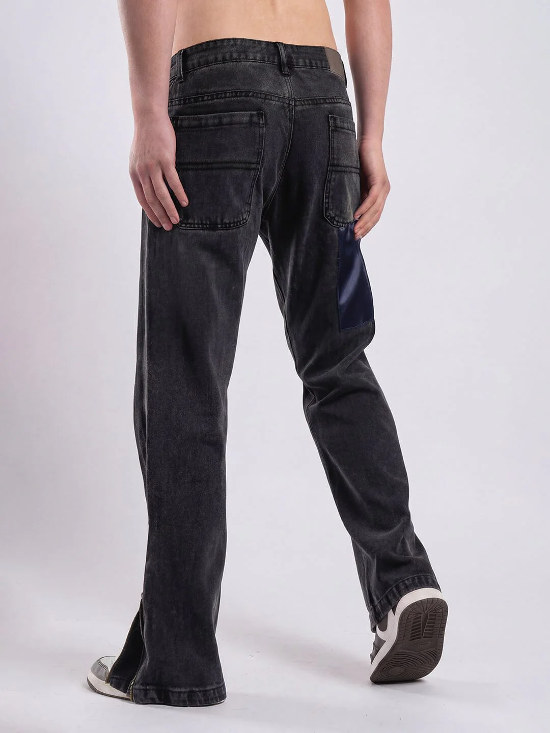 Grey Leather Patched Flared Zipped Denim - Image 6