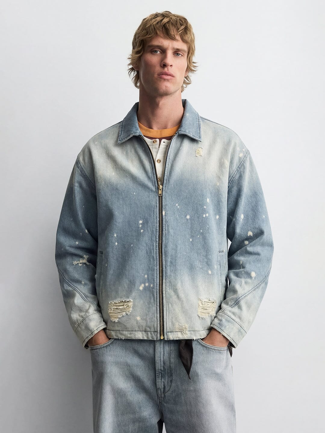 Indigo Distressed Denim Harrington Jacket - Image 7