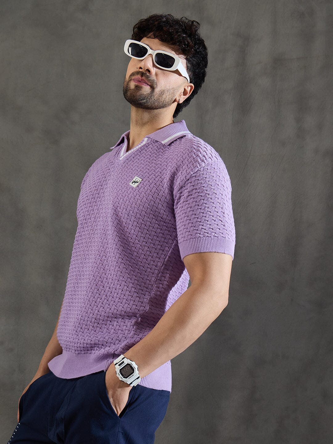 Lavender Textured Knitted Polo Tshirt - Image 3