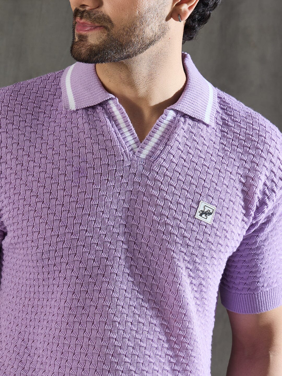 Lavender Textured Knitted Polo Tshirt - Image 4