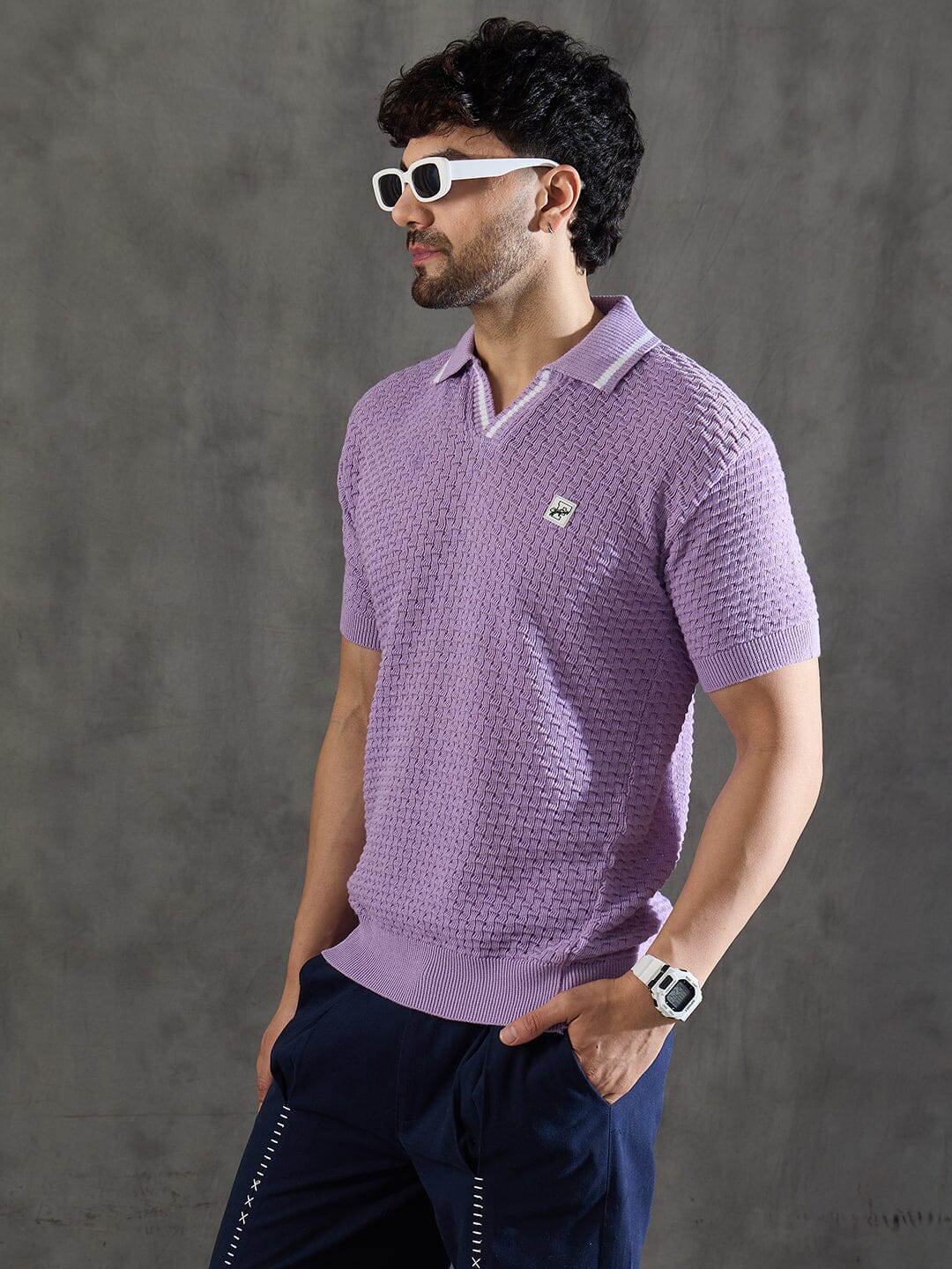 Lavender Textured Knitted Polo Tshirt - Image 5
