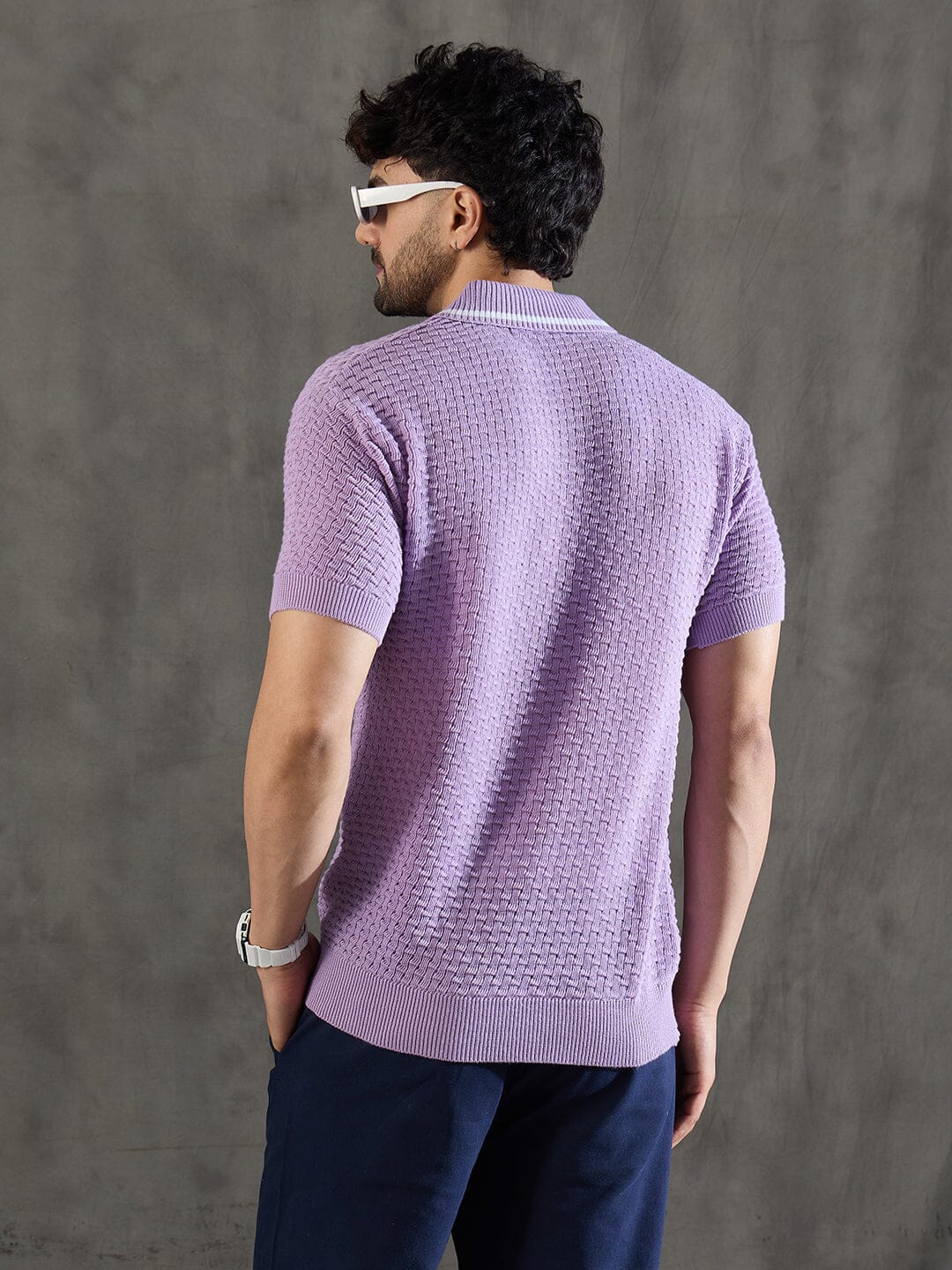 Lavender Textured Knitted Polo Tshirt - Image 6