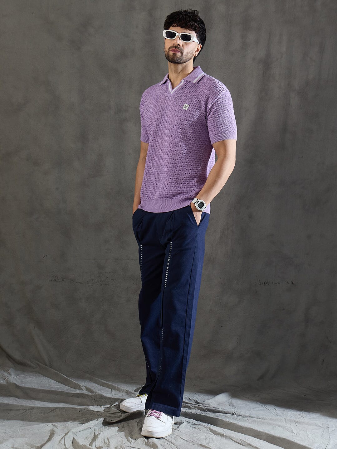 Lavender Textured Knitted Polo Tshirt - Image 7