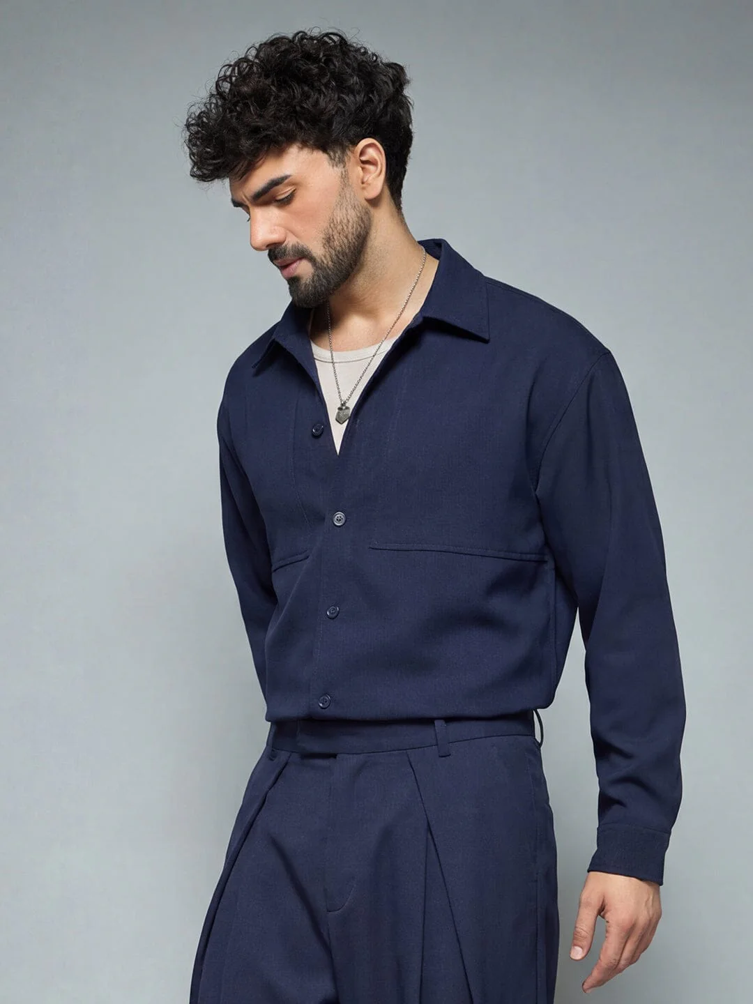 Midnight Blue Minimalist Korean Shacket - Image 5