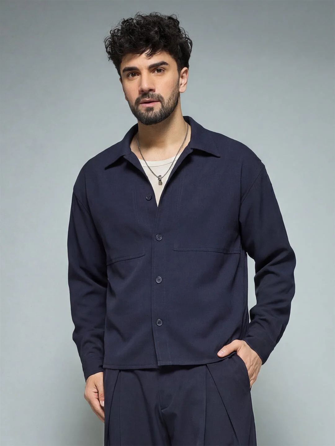 Midnight Blue Minimalist Korean Shacket - Image 6