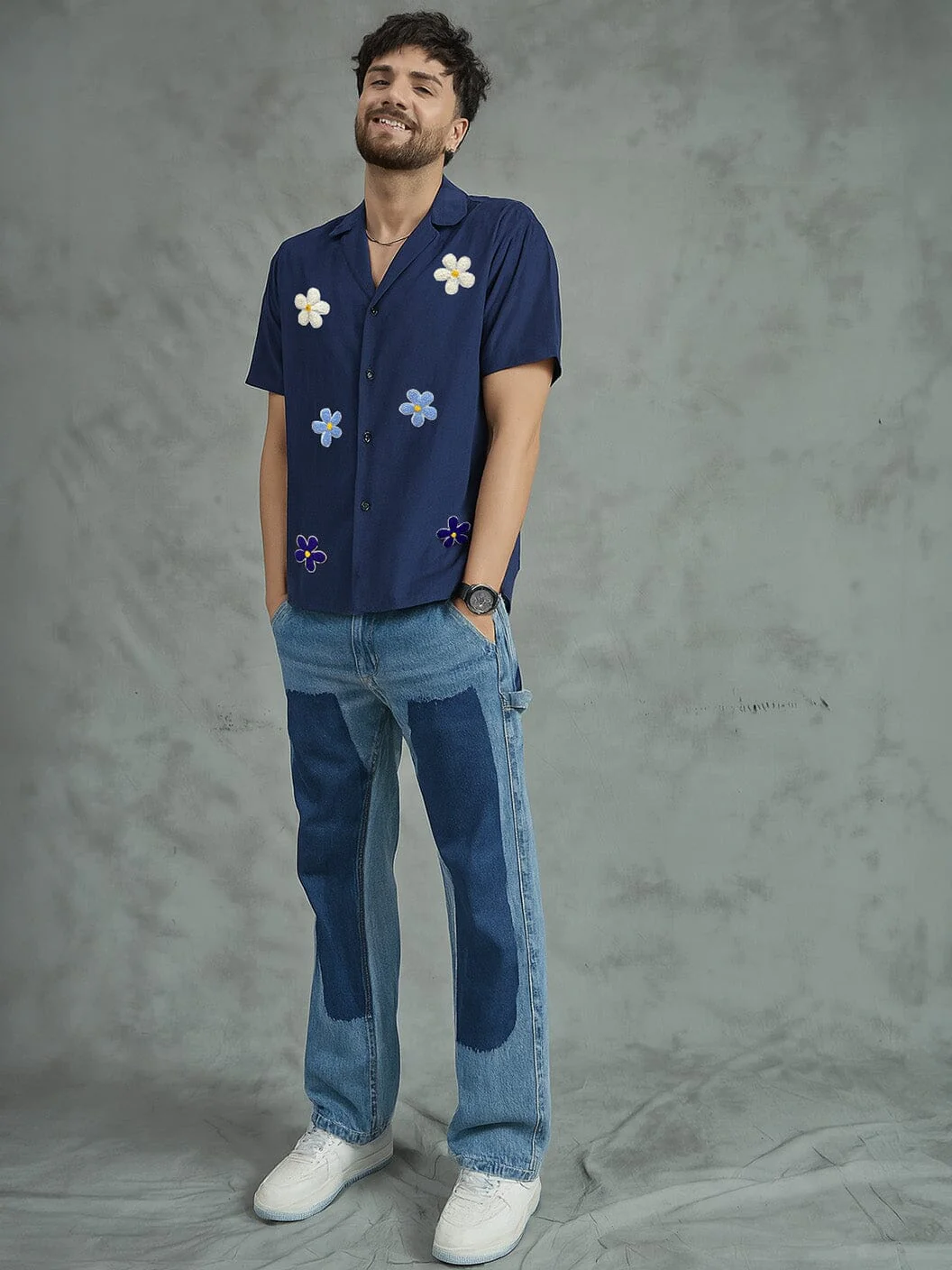 Navy Floral Applique Corduroy Shirt - Image 5