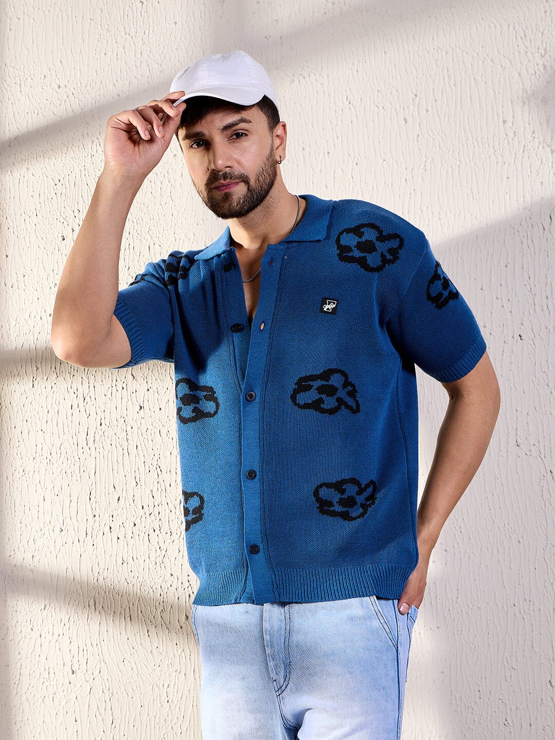 Navy Floral Knitted Shirt - Image 3
