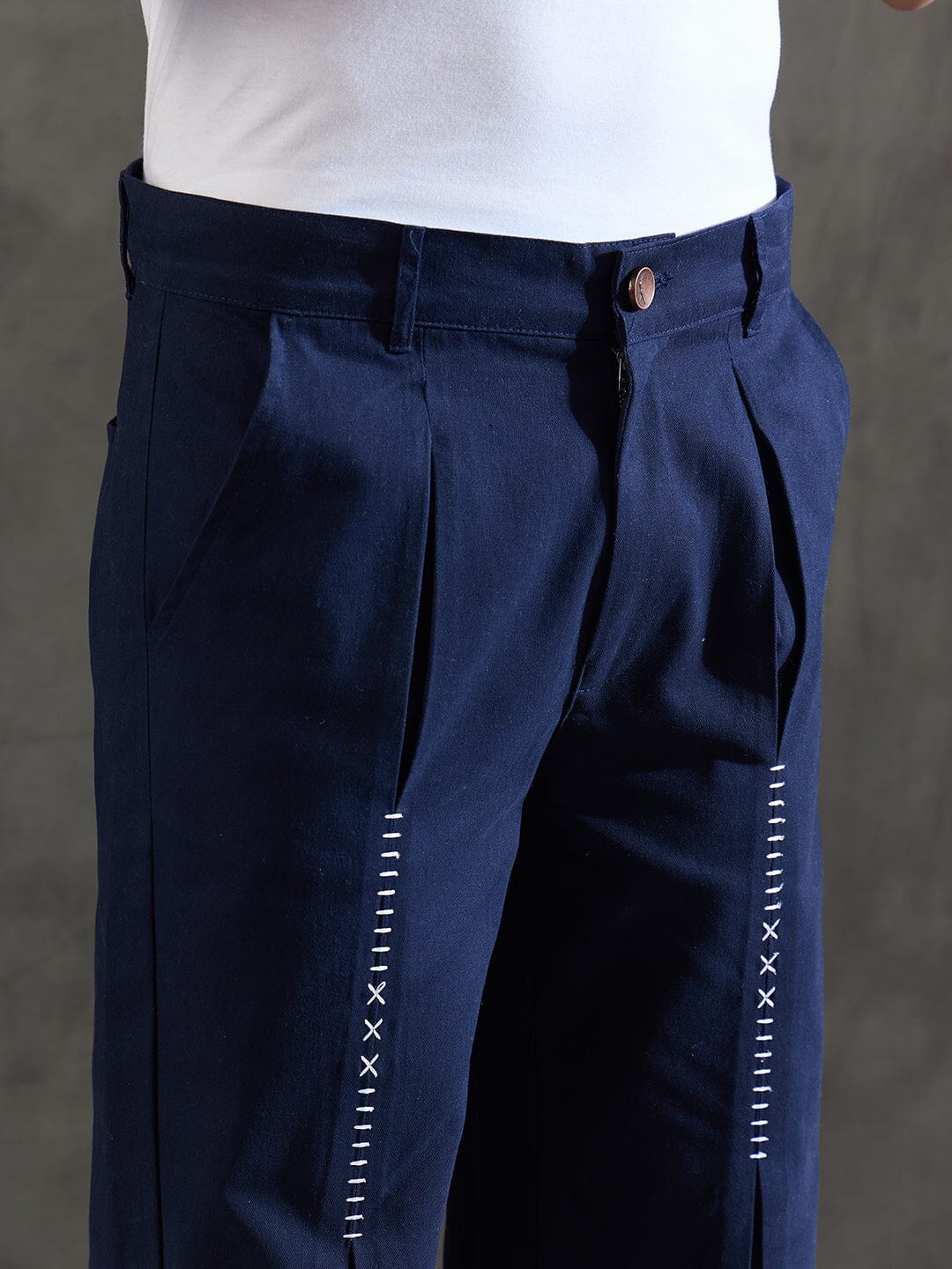 Navy Pleated Embroidered Trousers - Image 3