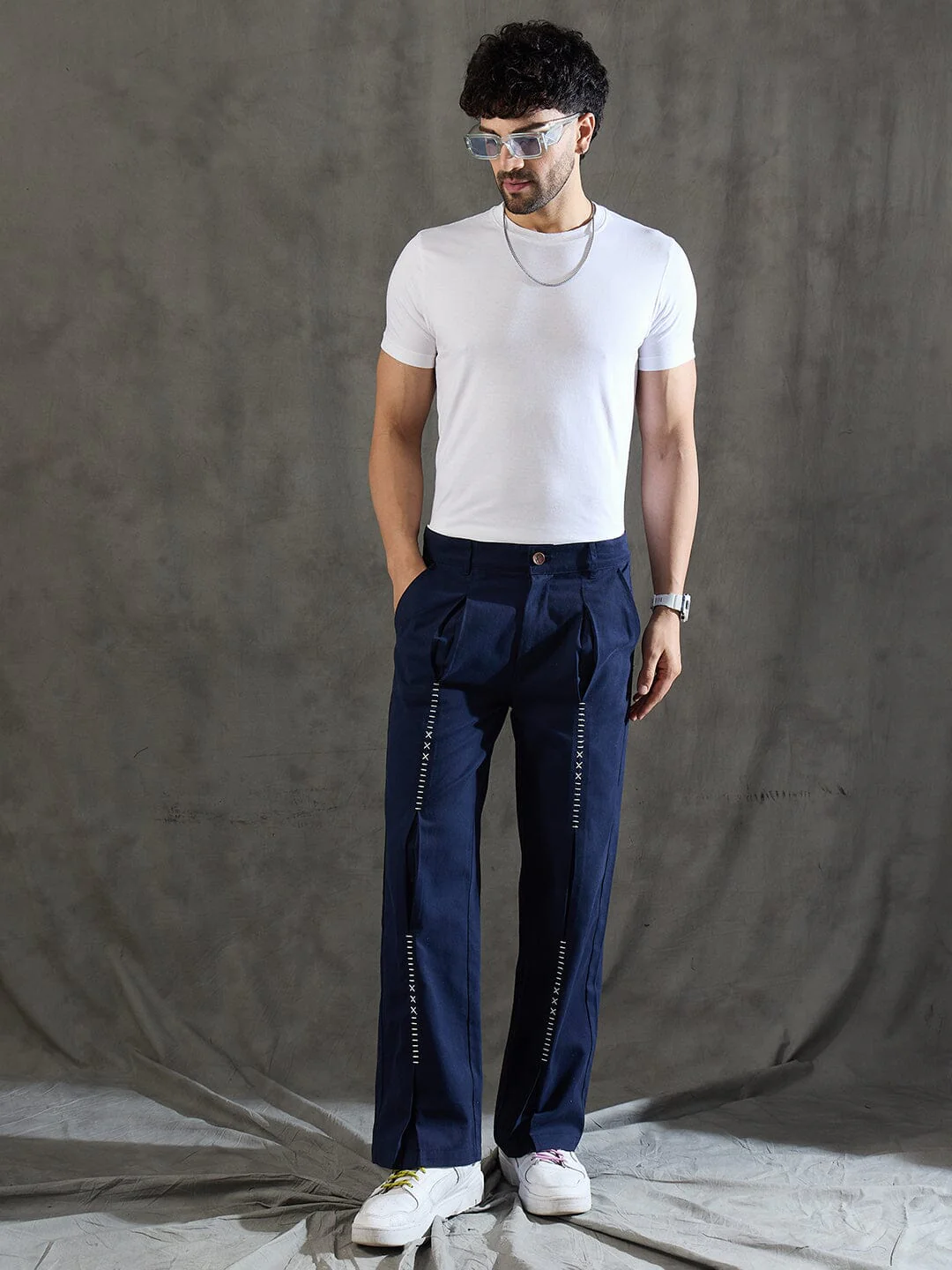 Navy Pleated Embroidered Trousers - Image 4