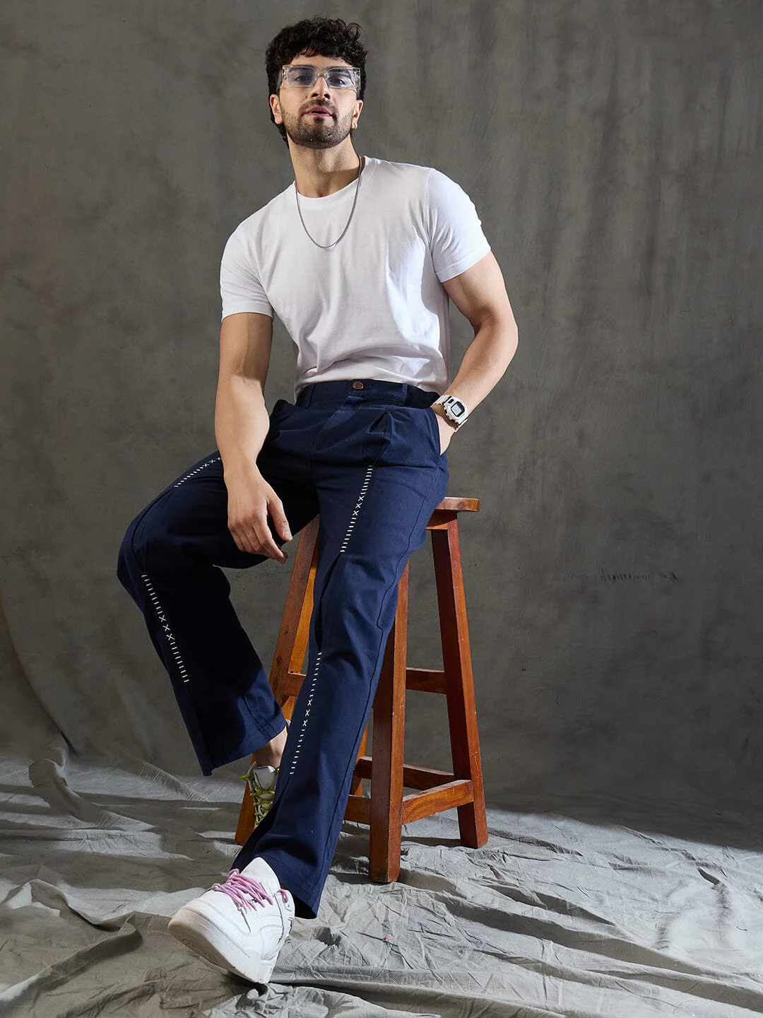 Navy Pleated Embroidered Trousers - Image 5