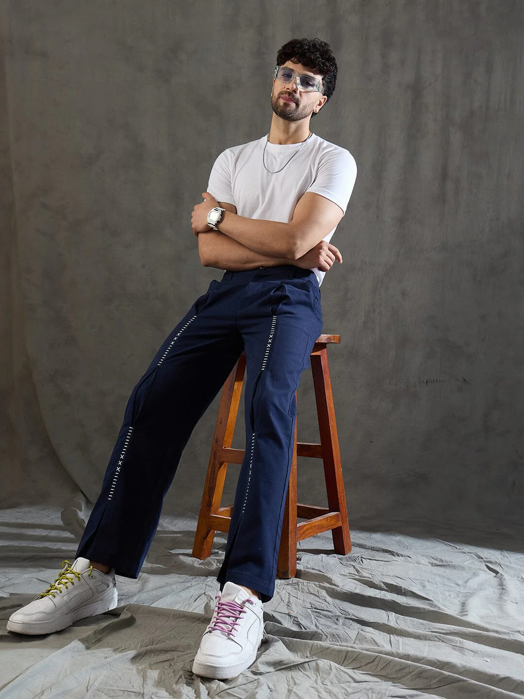 Navy Pleated Embroidered Trousers - Image 7