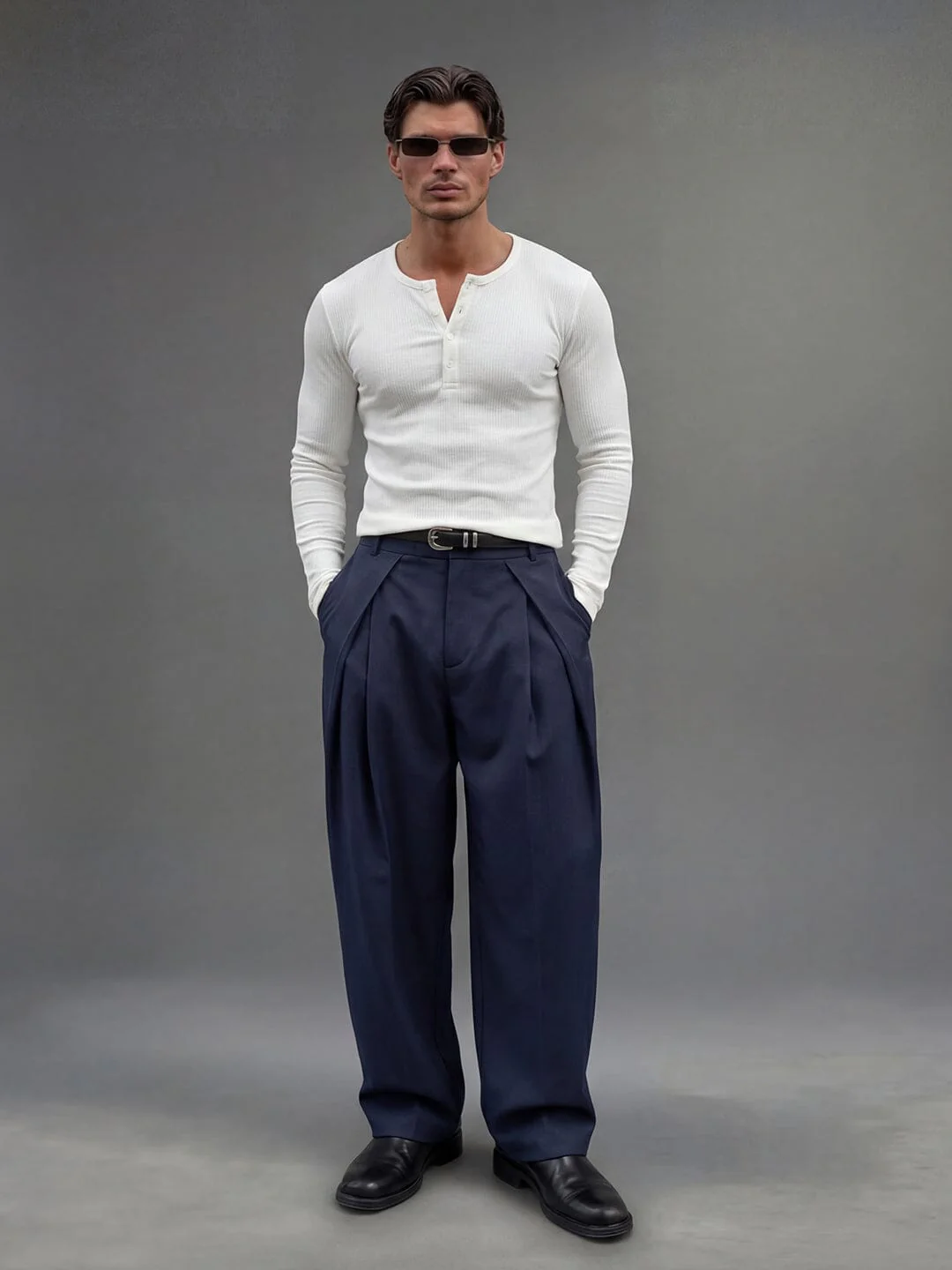 Navy Pleated Korean Trousers - Image 3