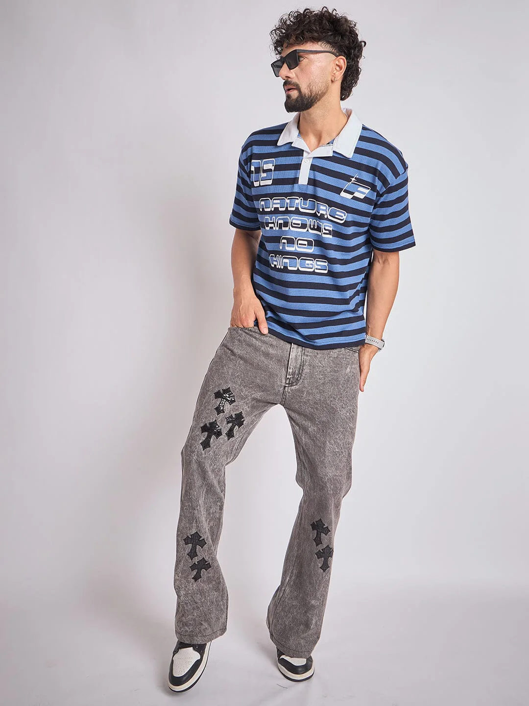 Navy Striped Graphic Polo Tshirt - Image 3