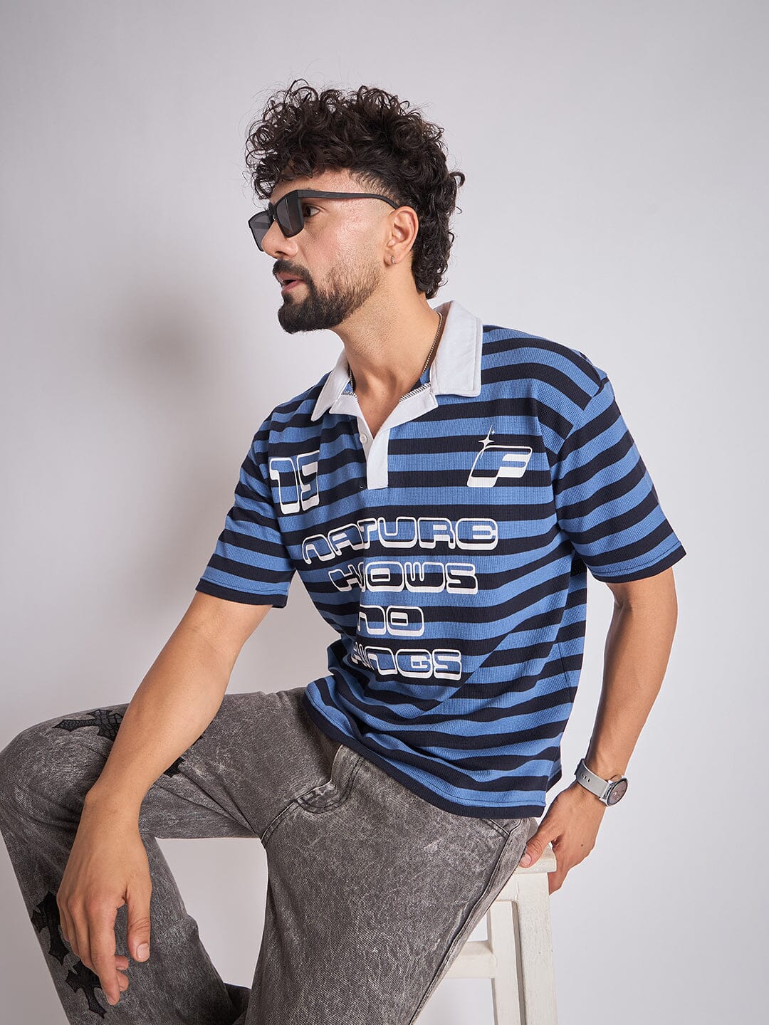 Navy Striped Graphic Polo Tshirt - Image 4
