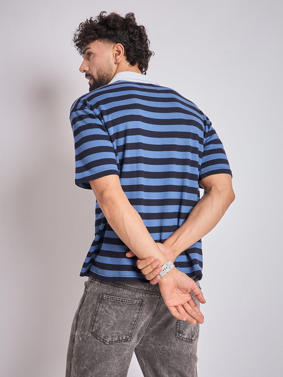 Navy Striped Graphic Polo Tshirt - Image 5