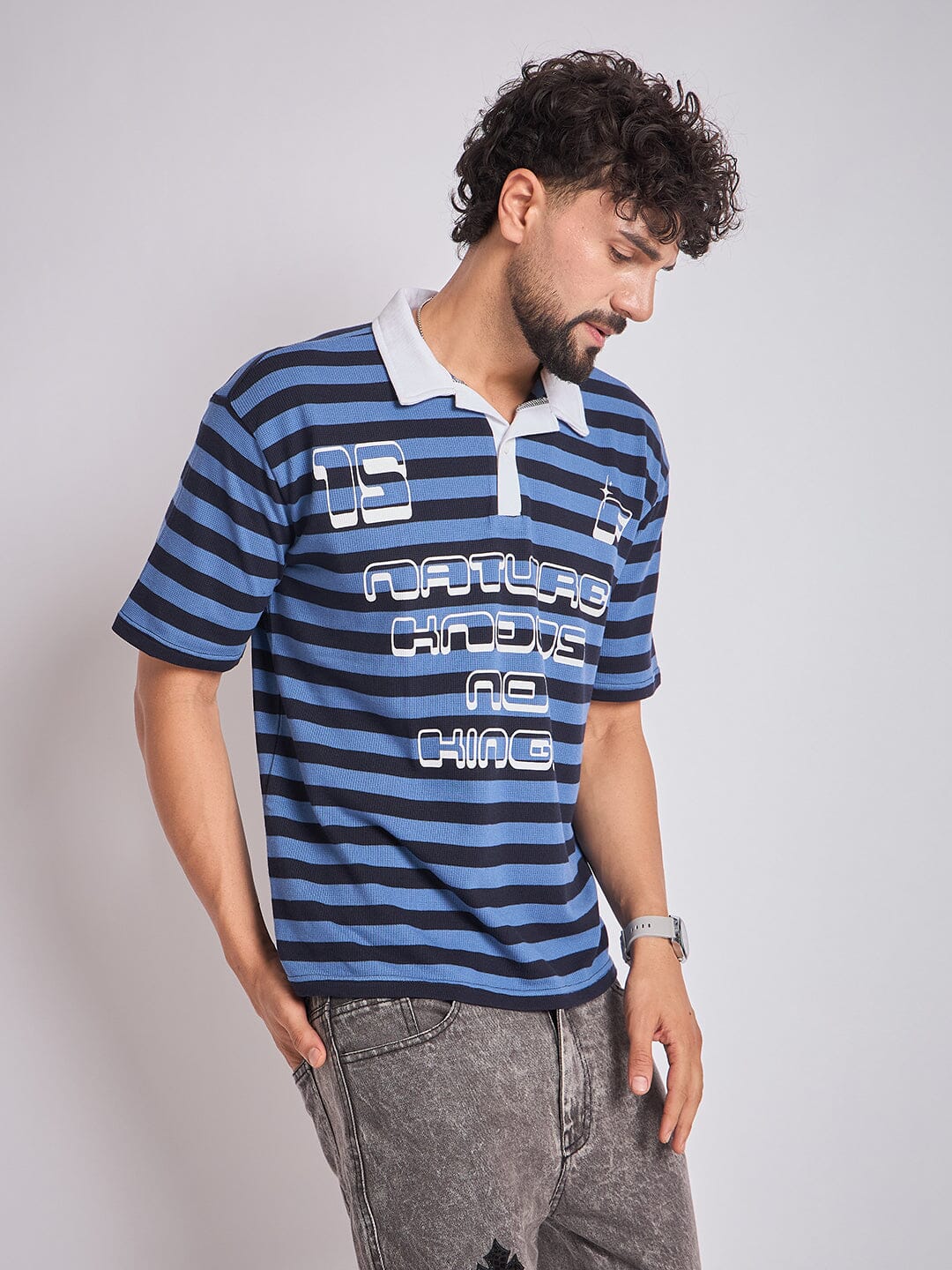 Navy Striped Graphic Polo Tshirt - Image 6
