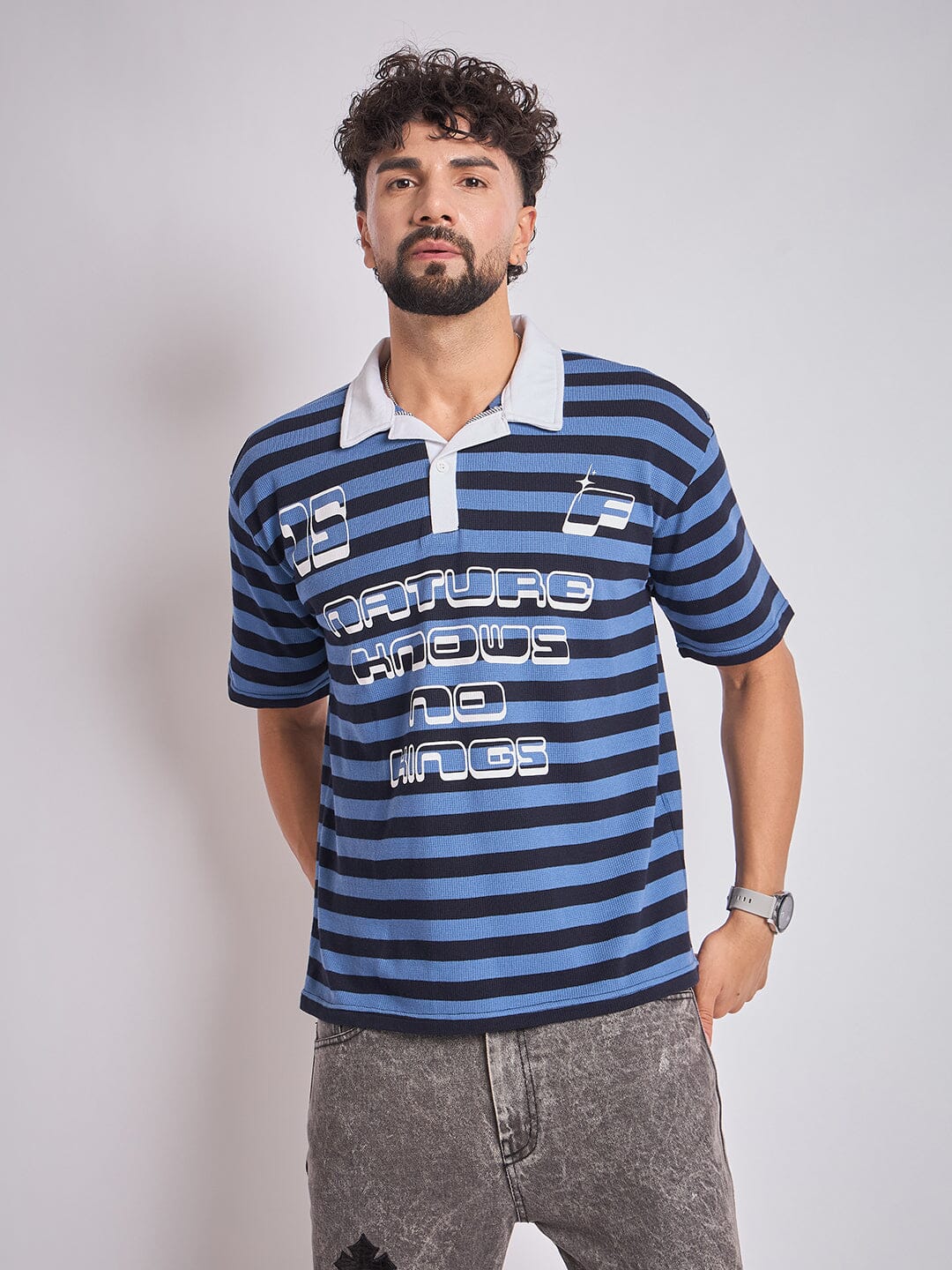 Navy Striped Graphic Polo Tshirt - Image 7