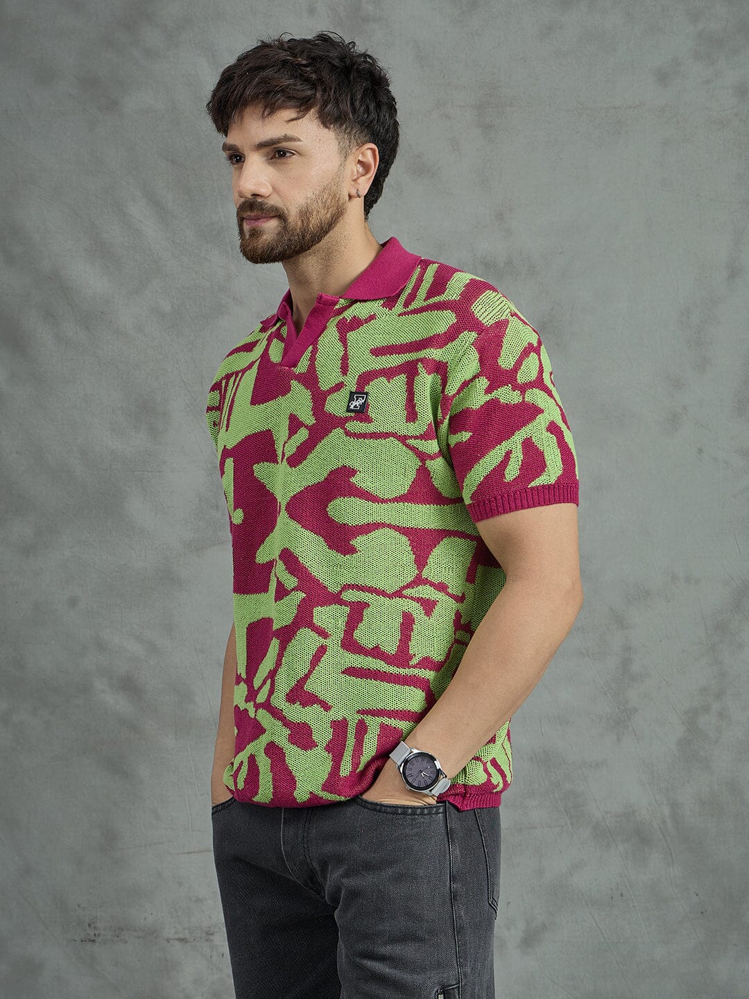 Purple and Green Abstract Knitted Polo Tshirt - Image 3