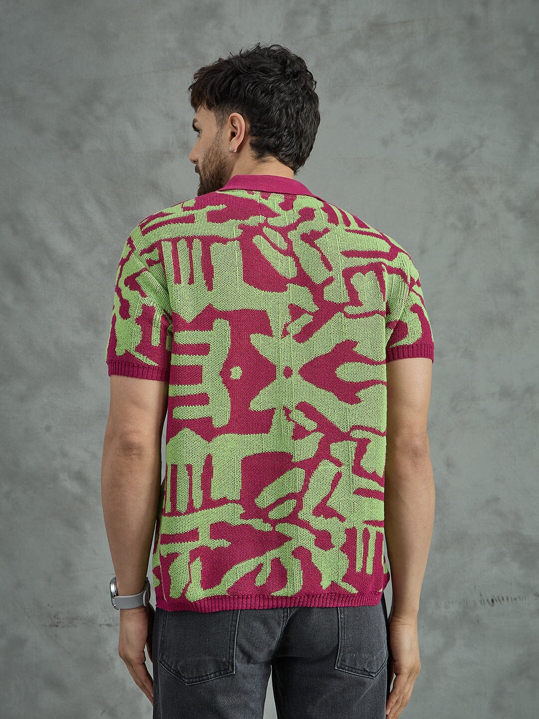 Purple and Green Abstract Knitted Polo Tshirt - Image 4