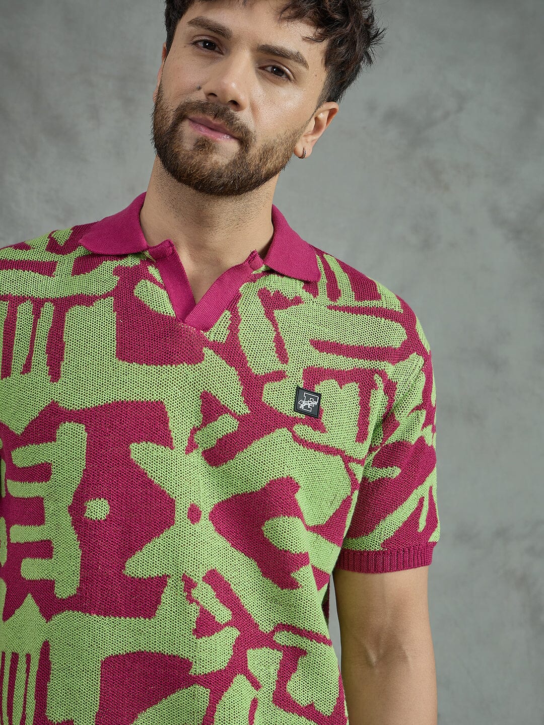 Purple and Green Abstract Knitted Polo Tshirt - Image 5