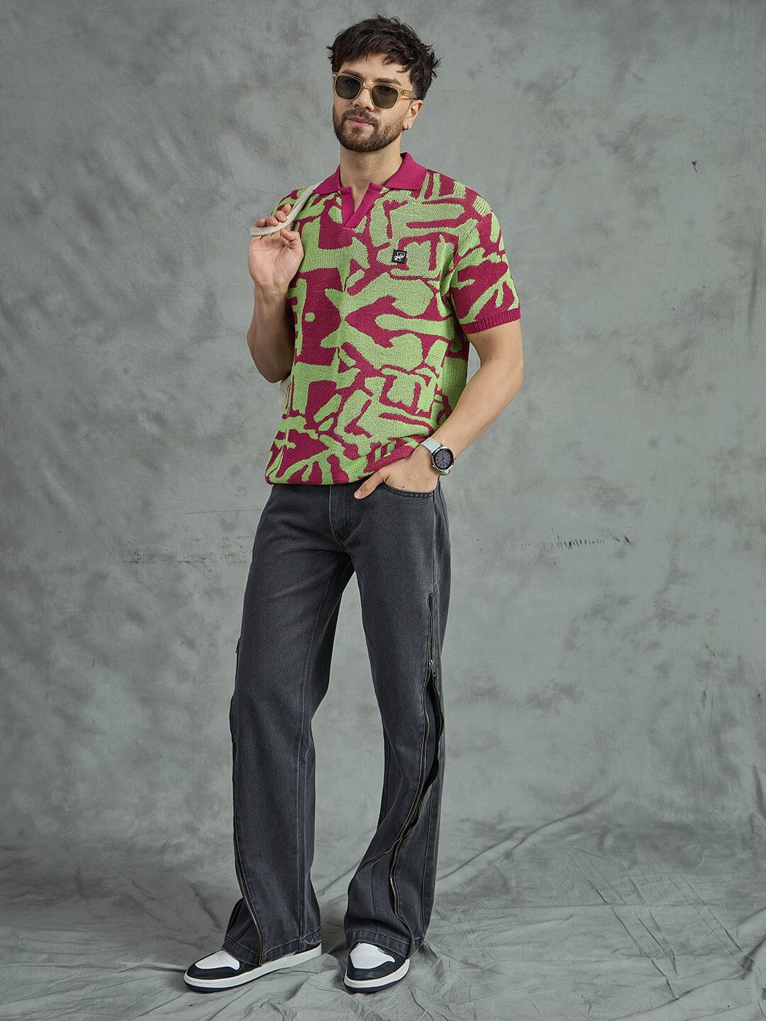 Purple and Green Abstract Knitted Polo Tshirt - Image 6