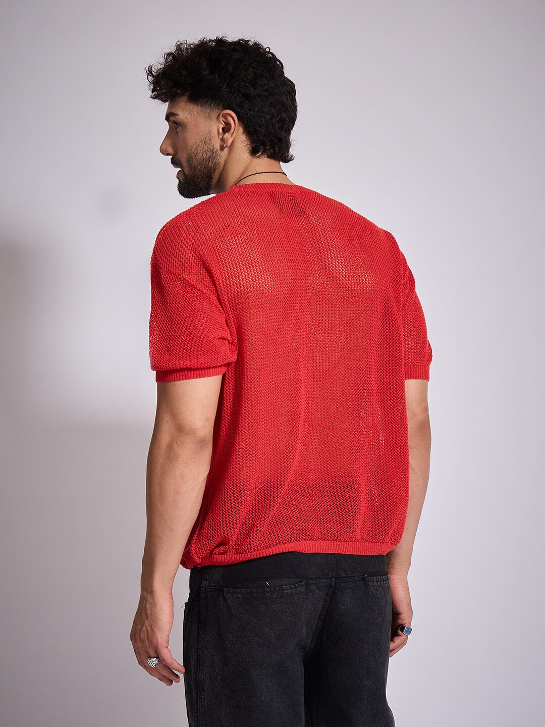 Red Knitted PU Applique Tshirt - Image 3