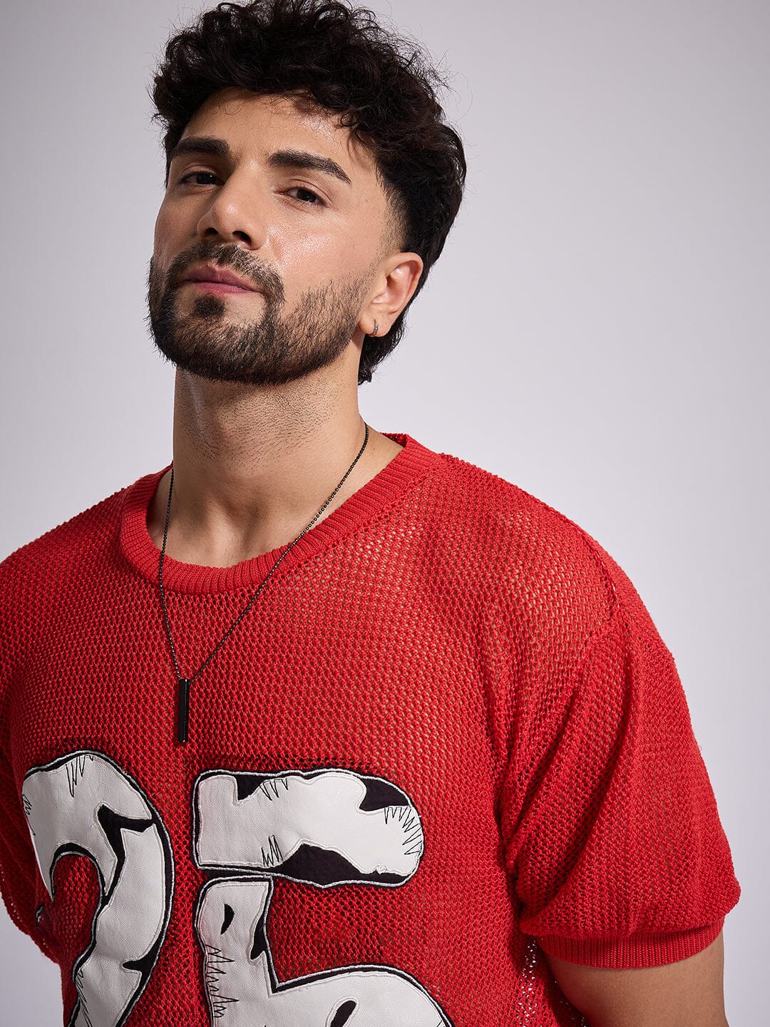 Red Knitted PU Applique Tshirt - Image 5