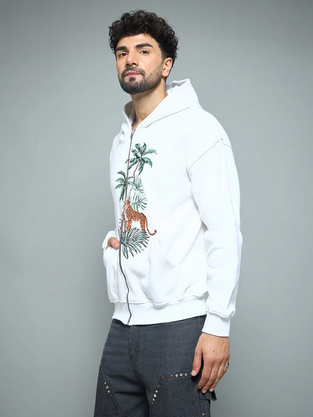 White Tropical Tiger Embroidery Hoodie - Image 3