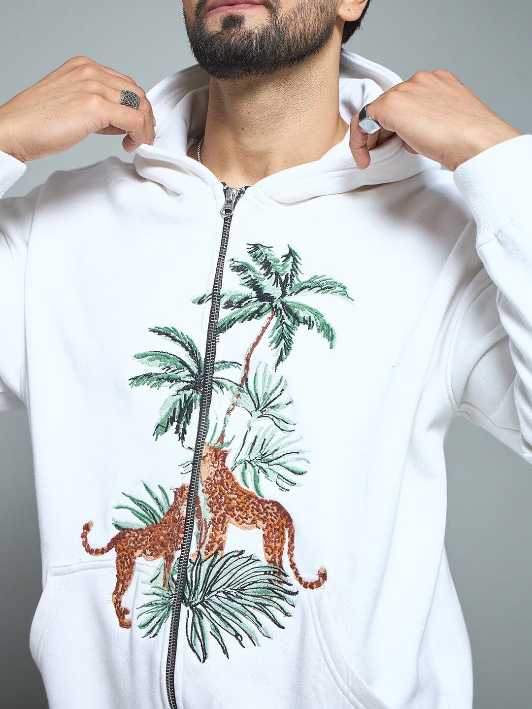 White Tropical Tiger Embroidery Hoodie - Image 4