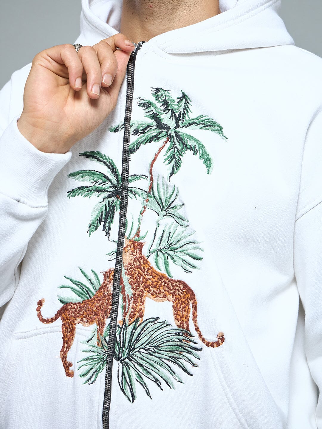 White Tropical Tiger Embroidery Hoodie - Image 6