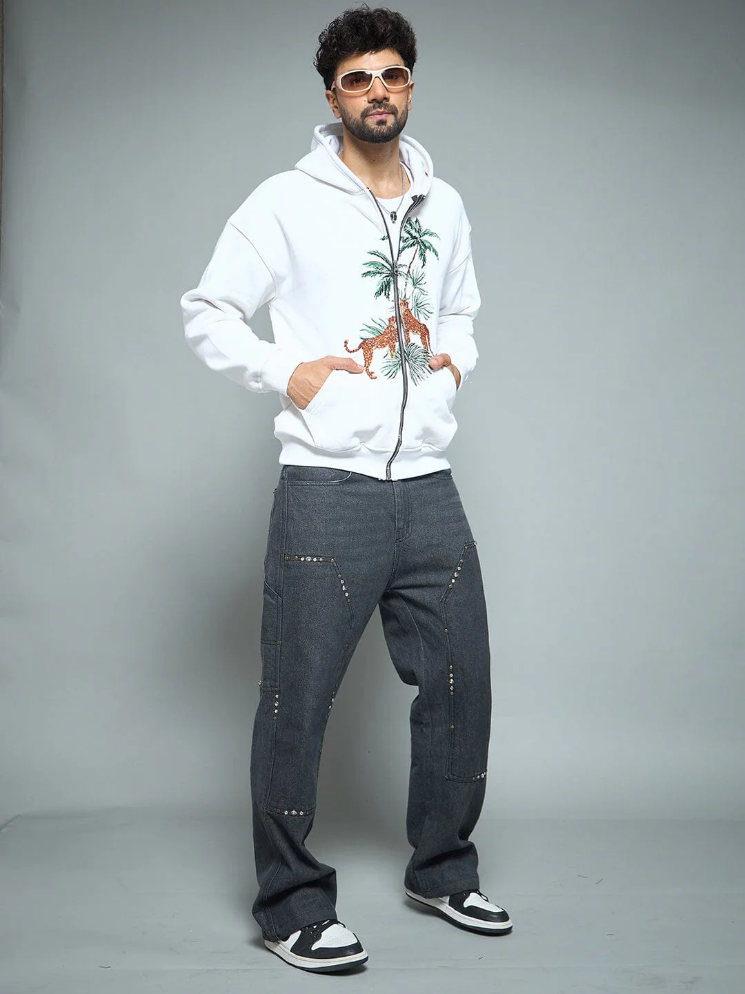 White Tropical Tiger Embroidery Hoodie - Image 7